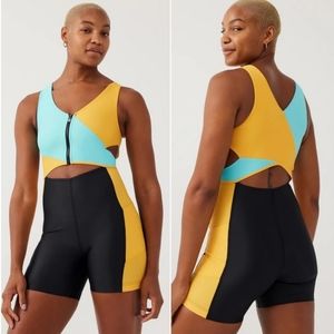 Outdoor voices SplashKnit 6" Bodysuit in Colorblock Black, Teal, and Yellow
